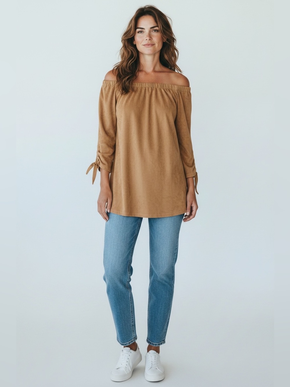 Olivaceous Faux Suede Off Shoulder Tunic // Brown // Medium
